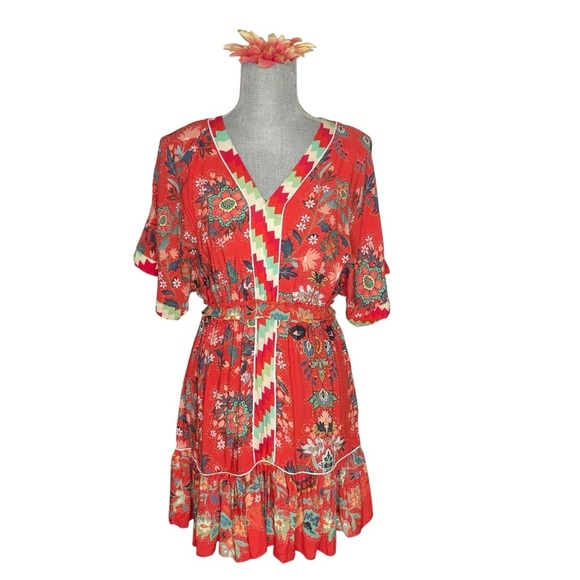 Farm Rio Floral Red Dress Anthropologie Red and White Geometric Dress XS petite - Picture 2 of 13
